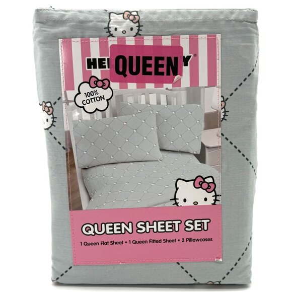 Hello Kitty Queeny Queen Sheet Set 100% Cotton 1 Flat 1 Fitted 2 Pillowcases Gra - Picture 1 of 6